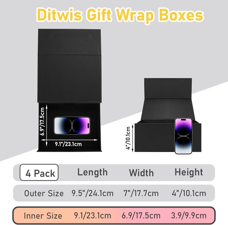 Ditwis 4 Pack 9.5x7x4 Inches Gift Boxes with Magnetic Closure Lids, Black Magnetic Box for Wedding, Groomsmen Bridesmaid Proposal, Birthdays, Mother's Day - Image 2